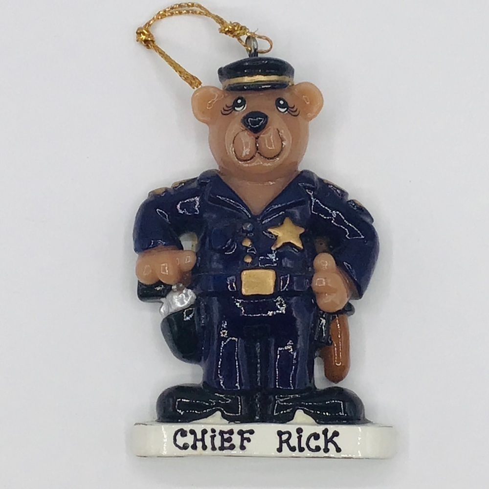 Vtg Police Chief “Rick” Bear Christmas Ornament Blue Brown 2.75” Personalized